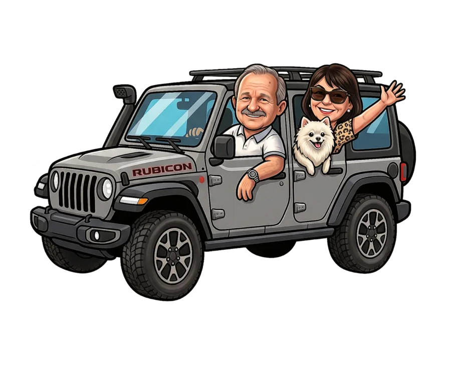Ilustração de Renato e Vera ao lado do Jeep