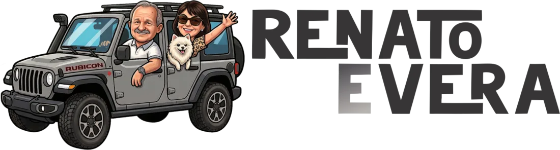 Logo do casal Renato e Vera com o cachorrinho no jipe